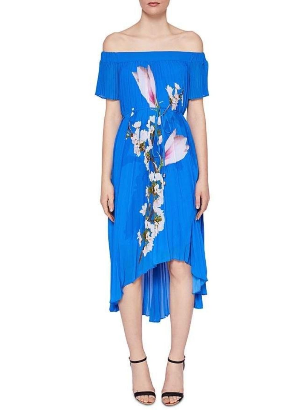 Ted Baker Cobalt Blue Off-Shoulder Pleated High-Low Floral Dress - Picture 3 of 14